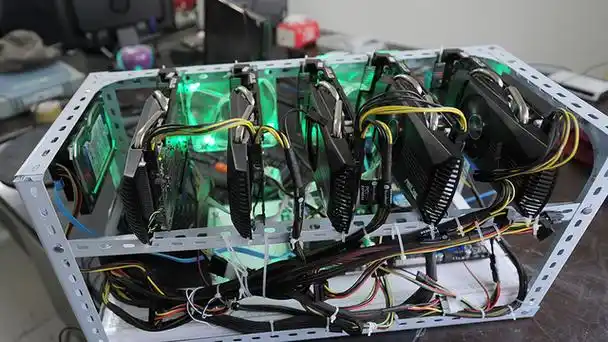 Vast mining farm with rows of hosted mining machines cooling under structured ventilation